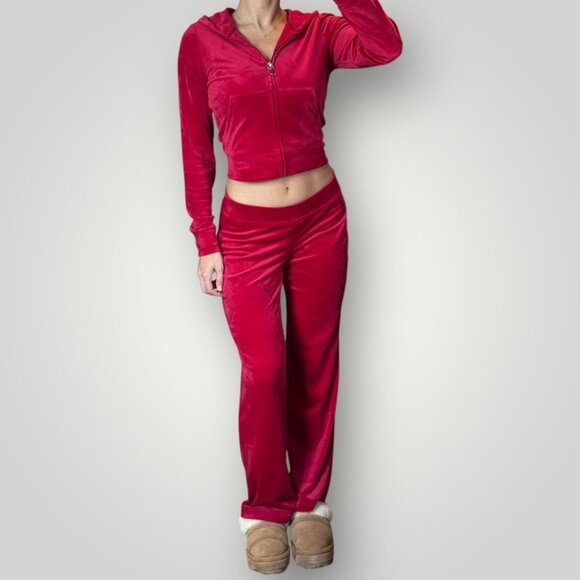 New Juicy Couture Classic Velour Tracksuit Set Red Womens Rhinestone Logo Y2K M - Picture 3 of 10